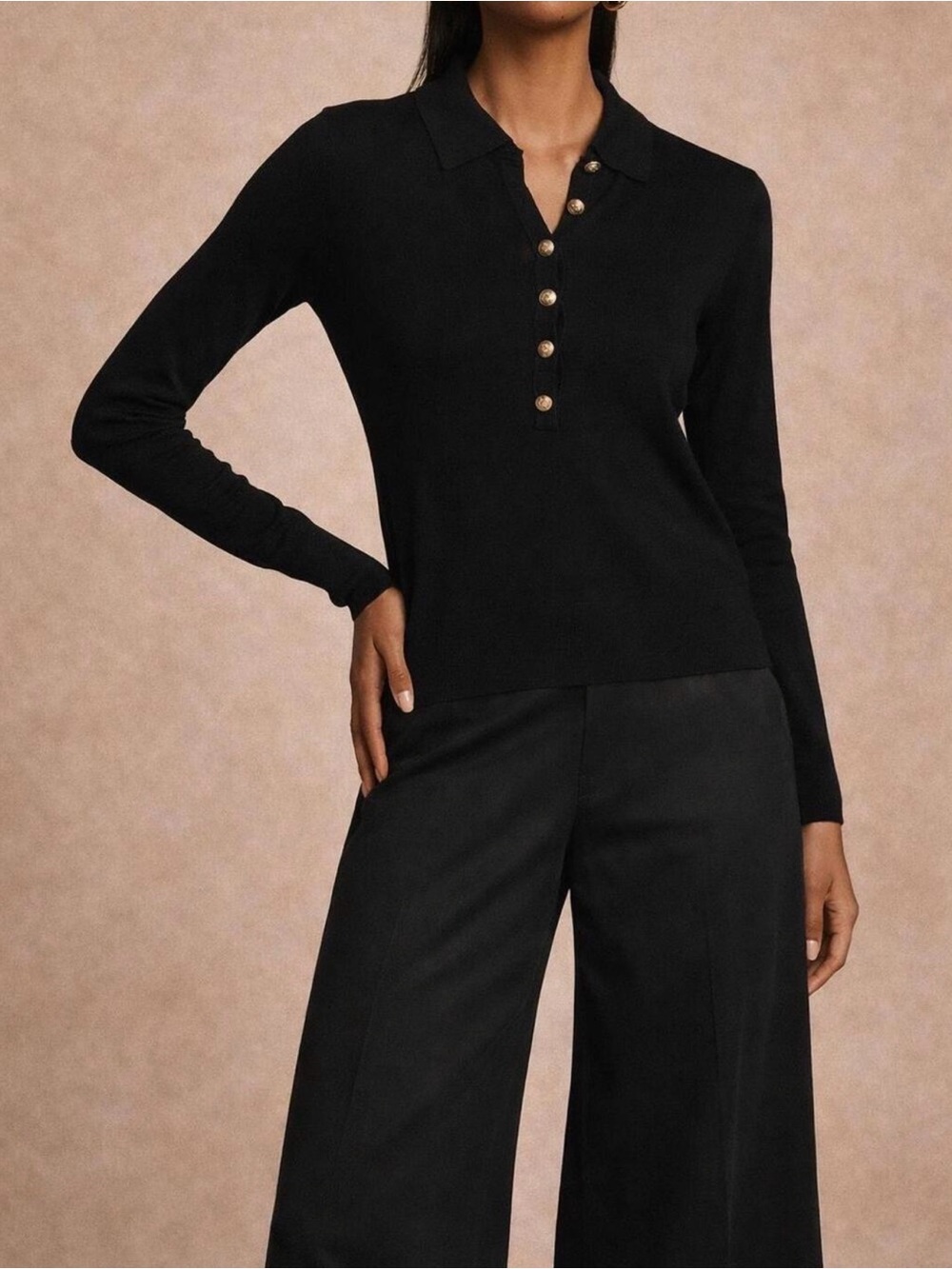 L'AGENCE Black Long-Sleeve Polo Top with Gold Buttons